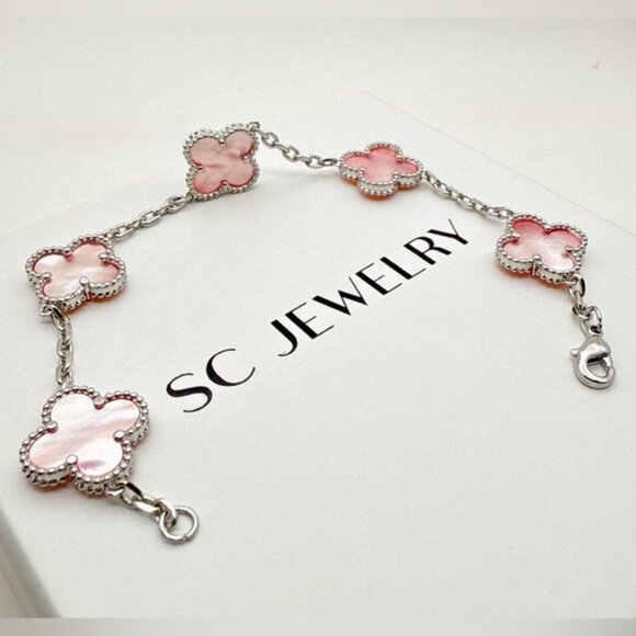 Clover Bracelet Pink Mother of Pearl Silver Double Sided - Picture 3 of 10